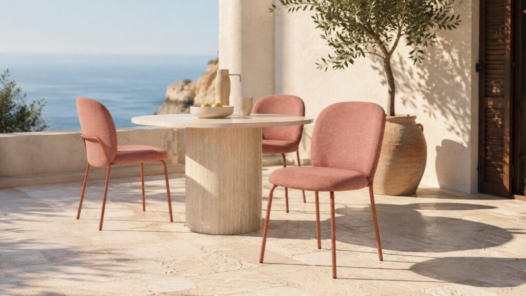Mesa redonda de piedra con tres sillas rosas en una terraza con vistas al mar y una maceta con árbol
