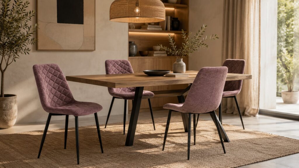 Comedor con mesa de madera y cuatro sillas tapizadas en color rosa, decorado con plantas y luz natural