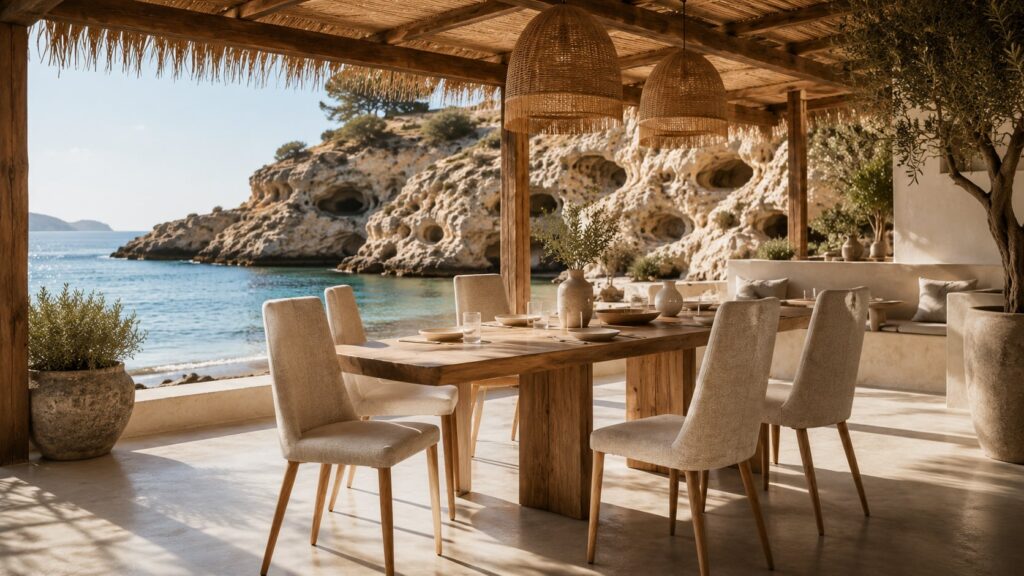 Comedor al aire libre con mesa de madera y sillas tapizadas, con vistas a un mar tranquilo y formaciones rocosas con cuevas