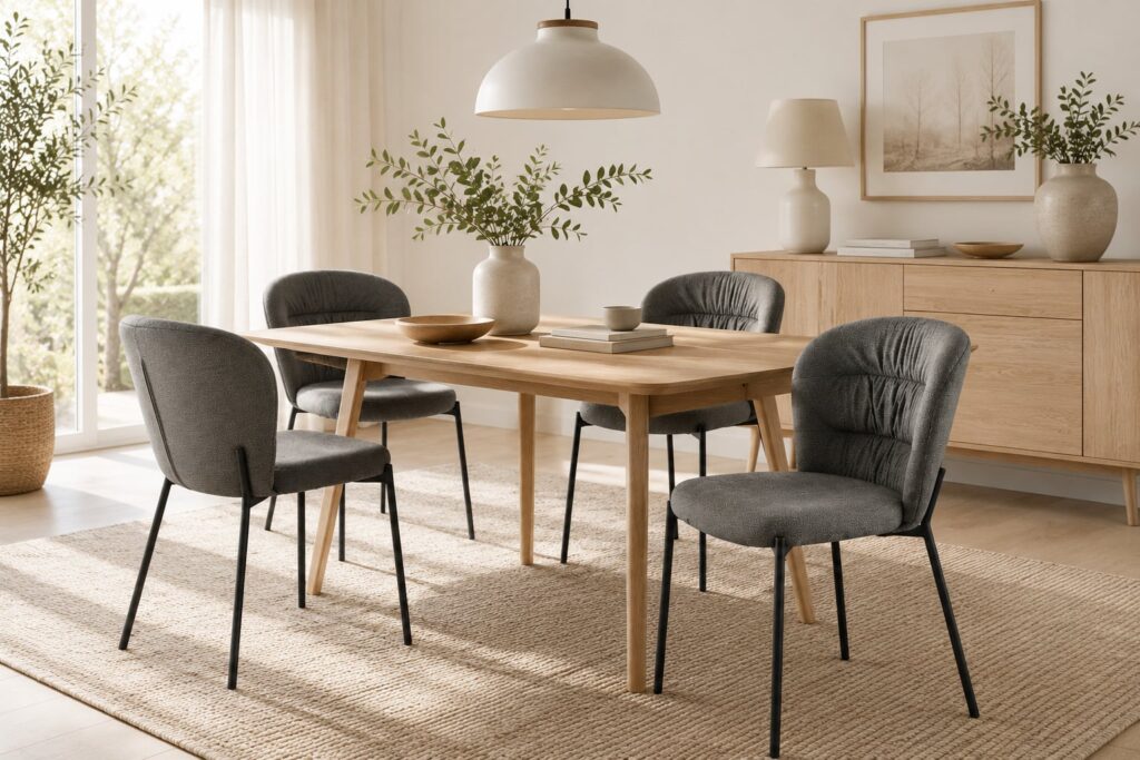 Comedor moderno con mesa de madera clara, cuatro sillas tapizadas en gris, jarrones con plantas y lámparas en un ambiente luminoso y acogedor