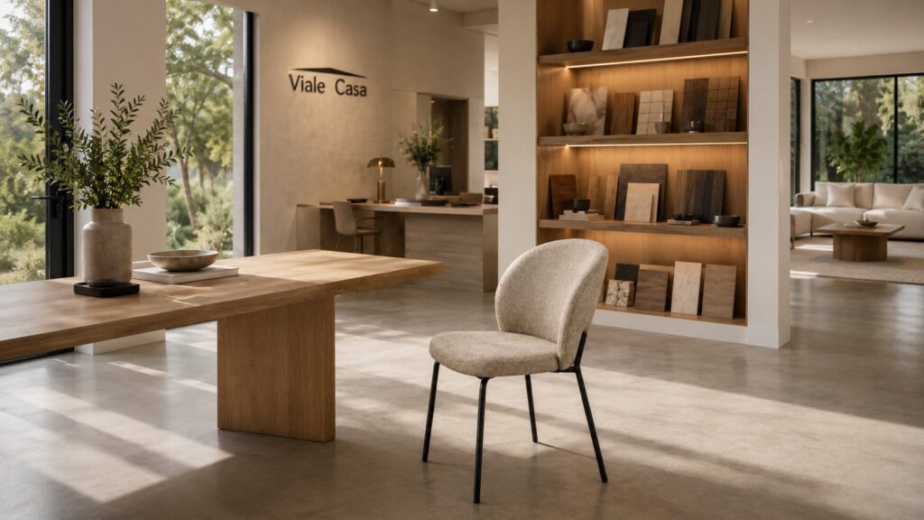 Silla tapizada beige con patas negras en una sala de exposición de muebles con mesa de madera y muestras de materiales