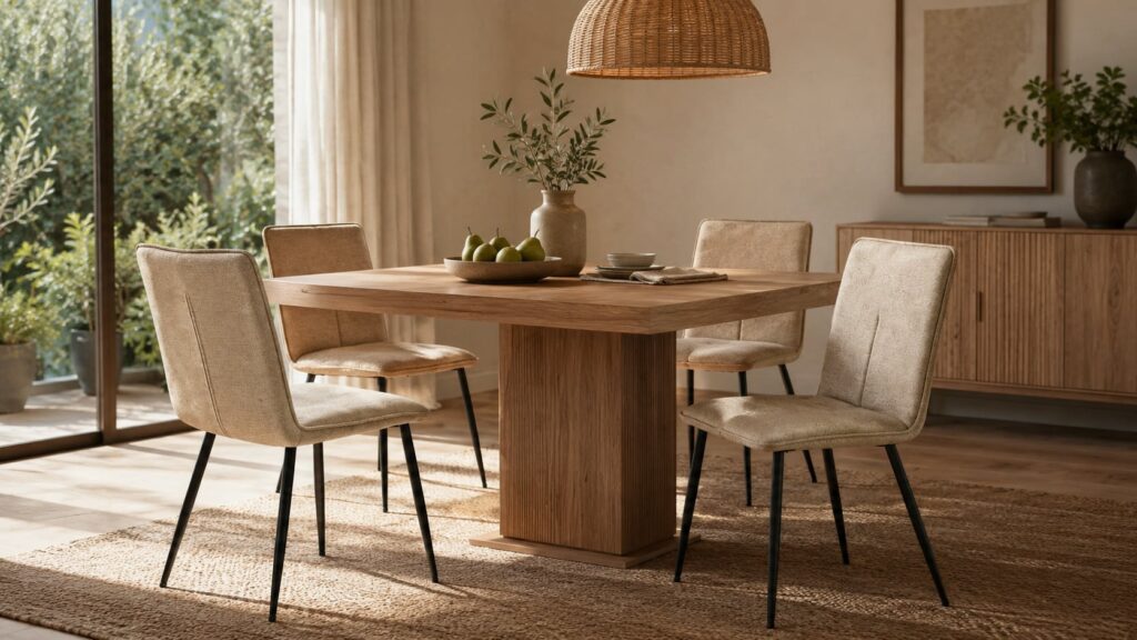 Comedor con mesa cuadrada de madera y cuatro sillas tapizadas en tonos beige, decorado con un jarrón con ramas y un plato con peras