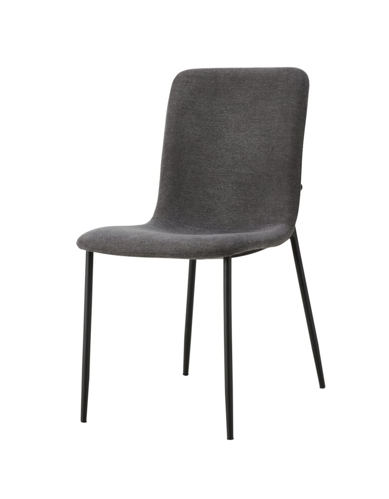 Silla moderna con asiento y respaldo tapizados en tela gris y patas metálicas negras