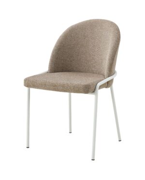Silla con asiento y respaldo tapizados en tela marrón claro y patas metálicas blancas