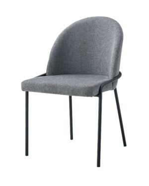 Silla de diseño moderno con asiento y respaldo tapizados en tela gris y patas metálicas negras