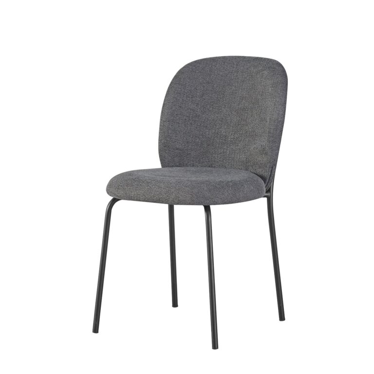 Silla gris con asiento y respaldo tapizados y patas metálicas negras