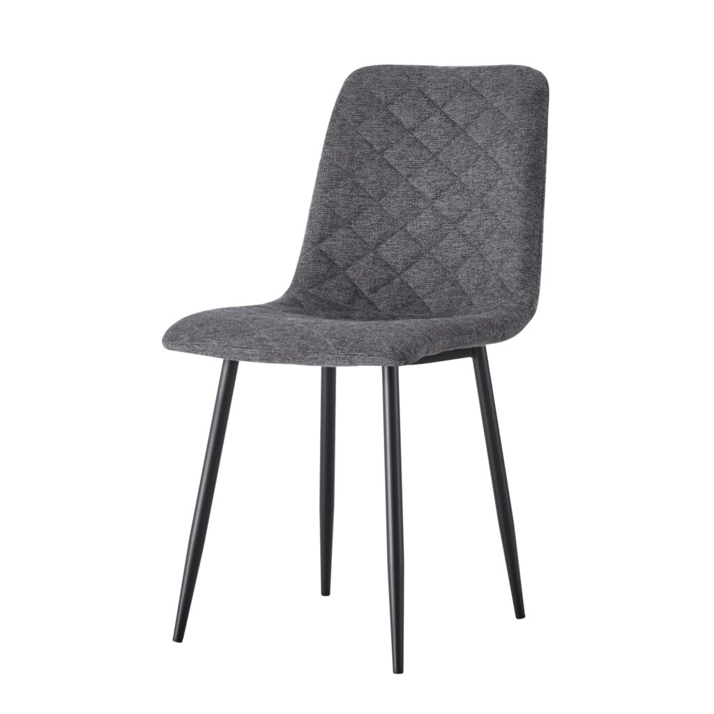 Silla tapizada gris con respaldo acolchado y patas metálicas negras