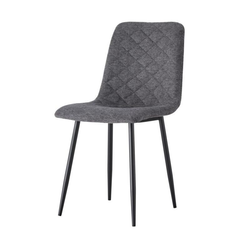 Silla tapizada gris con respaldo acolchado y patas metálicas negras