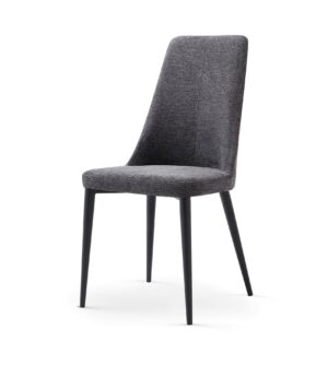 Silla moderna con asiento y respaldo tapizados en tela gris y patas negras delgadas
