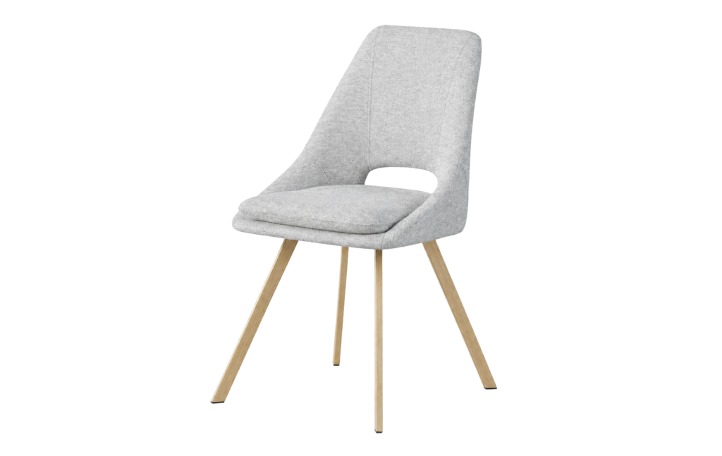 Silla moderna con asiento y respaldo tapizados en gris claro y patas de madera clara