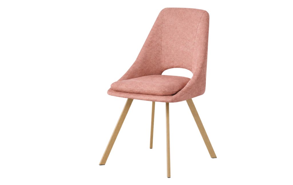 Silla moderna tapizada en rosa con patas de madera claras y respaldo con abertura inferior