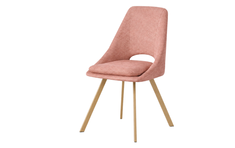 Silla moderna tapizada en rosa con patas de madera claras y respaldo con abertura inferior