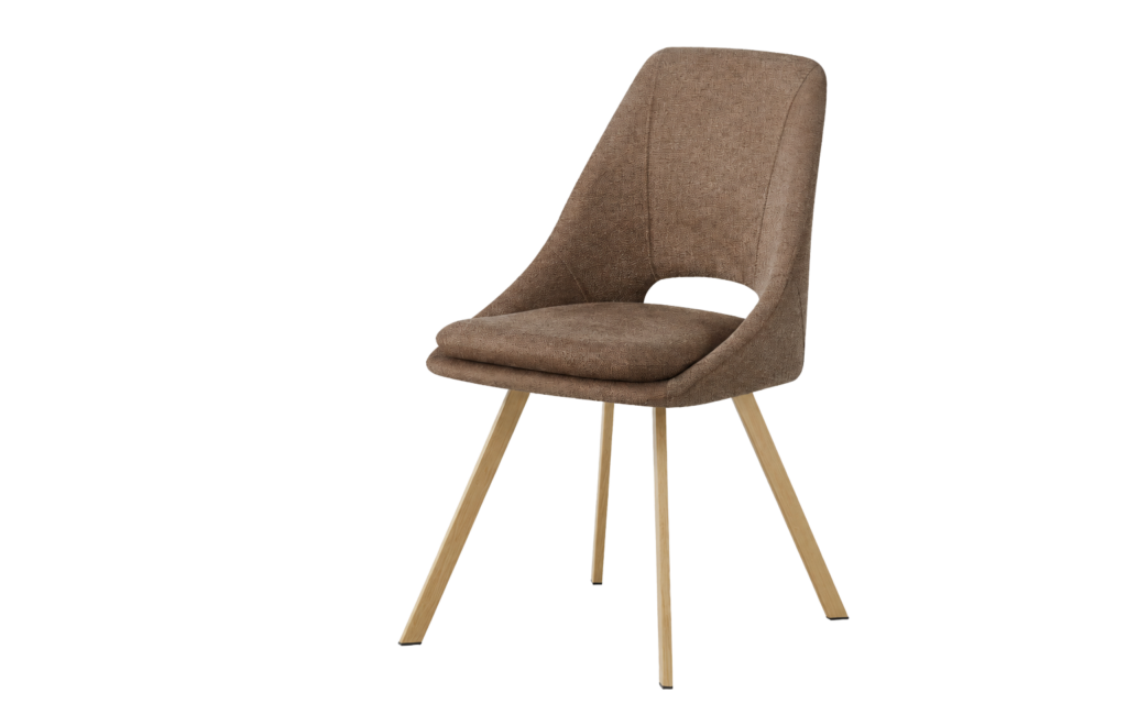 Silla tapizada marrón con respaldo curvado y patas de madera clara