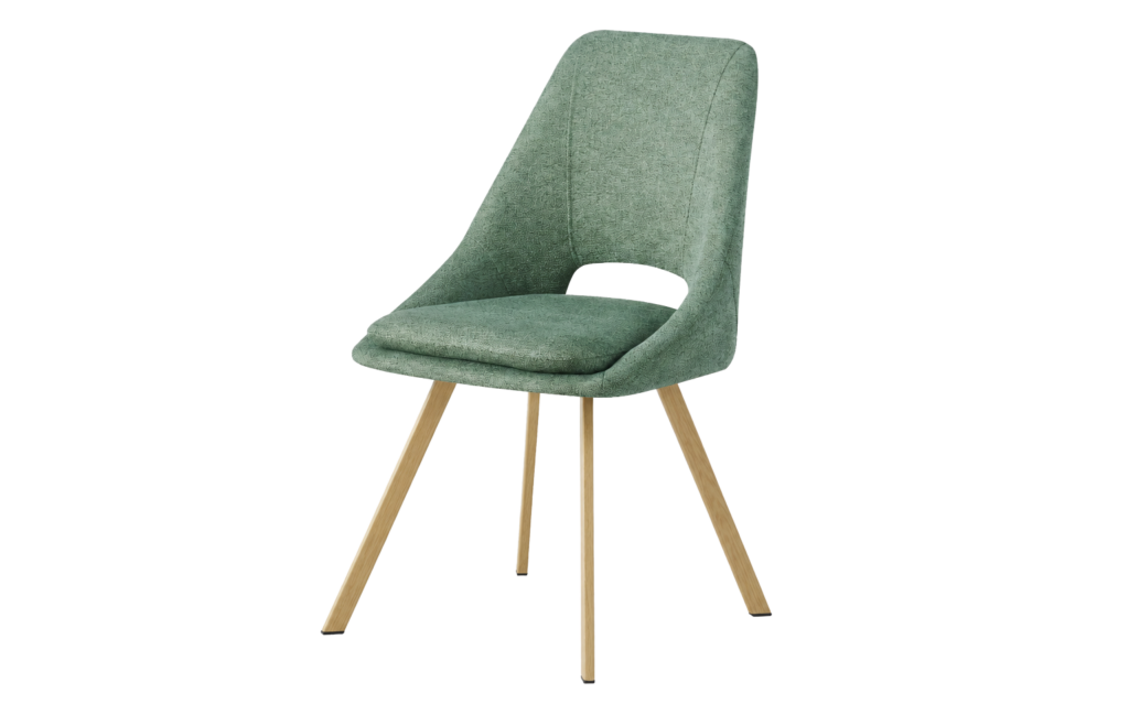 Silla moderna con asiento y respaldo tapizados en verde y patas de madera claras