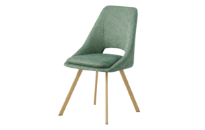 Silla moderna con asiento y respaldo tapizados en verde y patas de madera claras