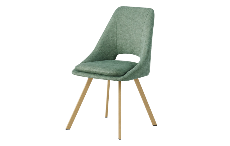 Silla moderna con asiento y respaldo tapizados en verde y patas de madera claras